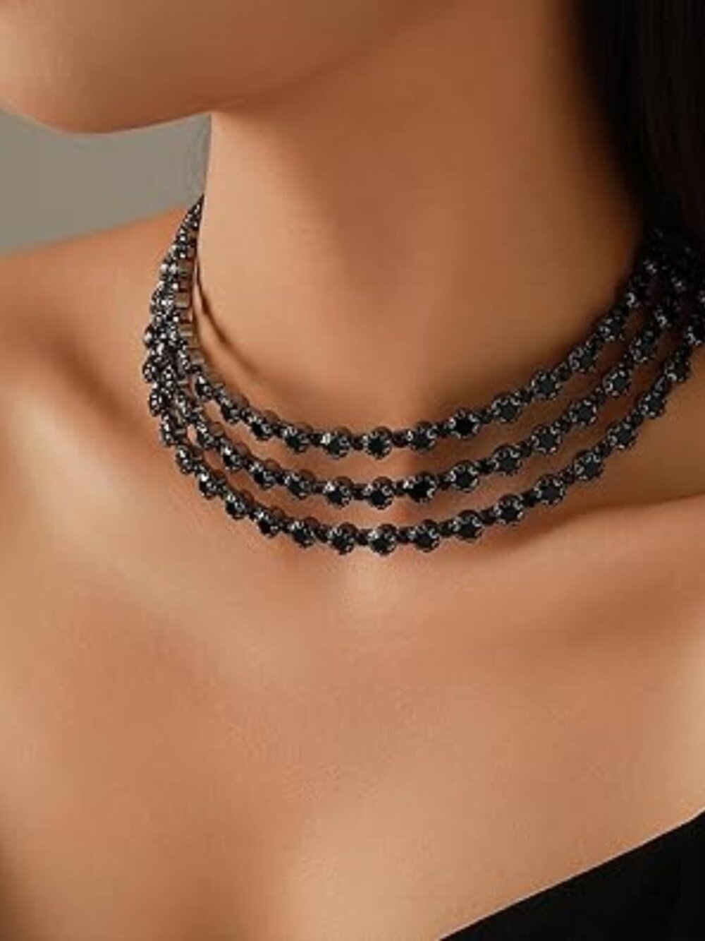 Triple Layer Black Rhinestone Necklace Beautiful Statement Piece‎ Chunky